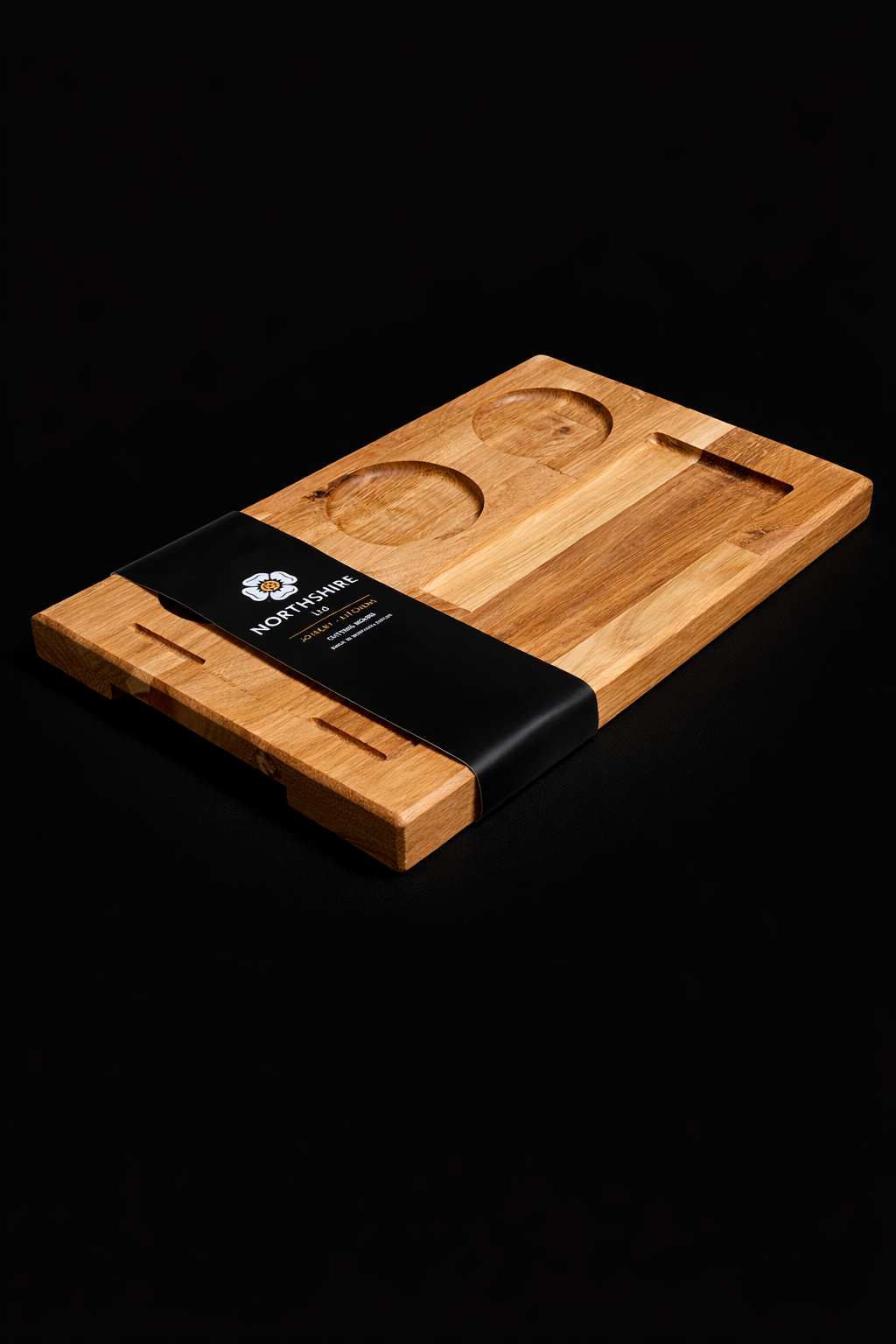 Northshire serving board with circular cup recesses and long tray detail