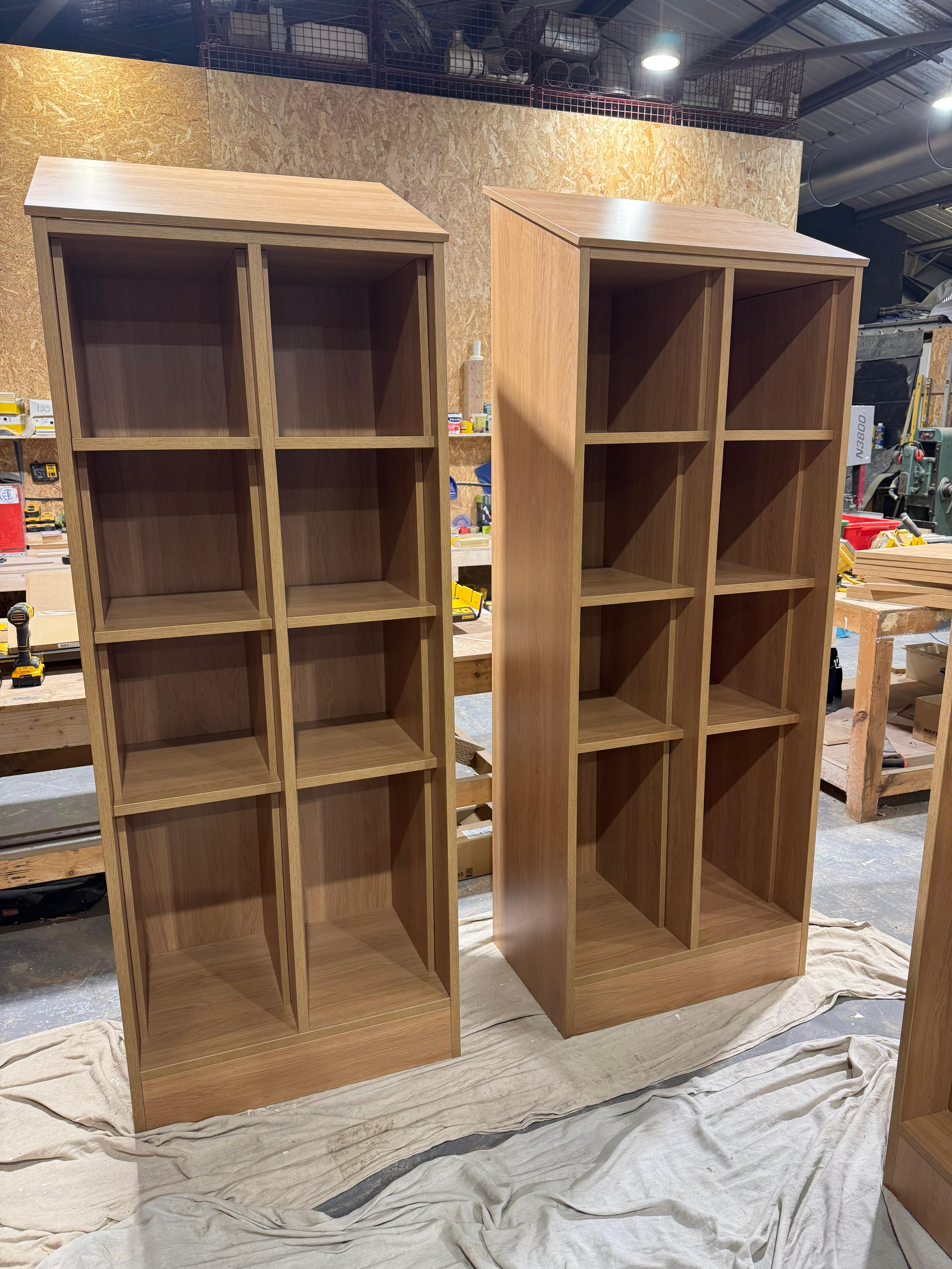 Pair of oak shelving units in the Northshire workshop