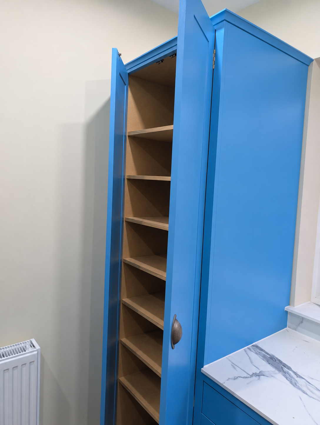 Blue kitchen larder cupboard with open door